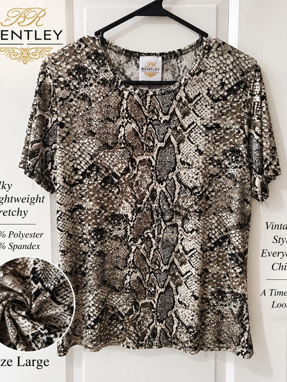 Bentley Vintage Snake Print Top Silky Stretchy Short Sleeve Blouse Large